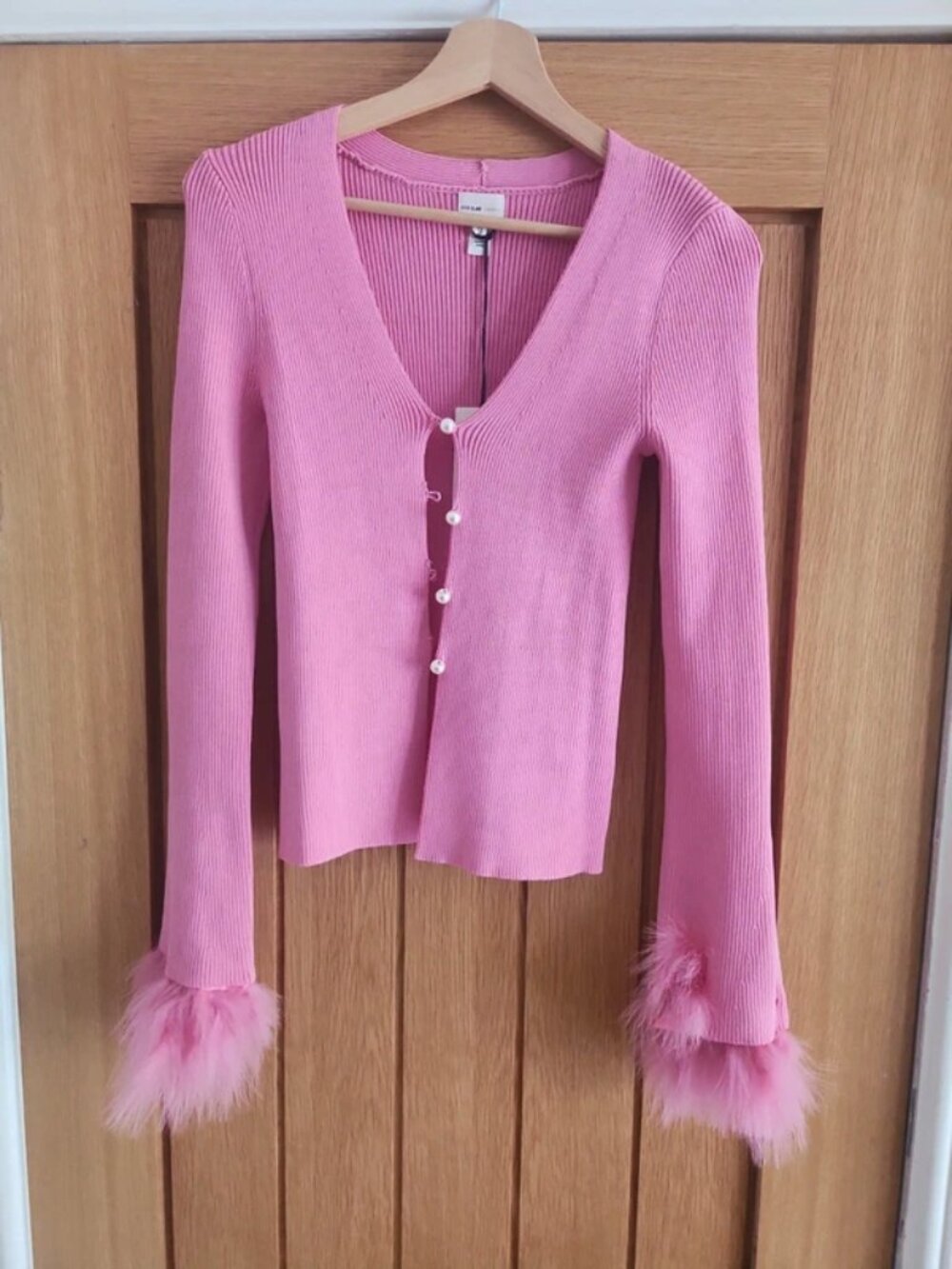 Pink cardigan fur trim